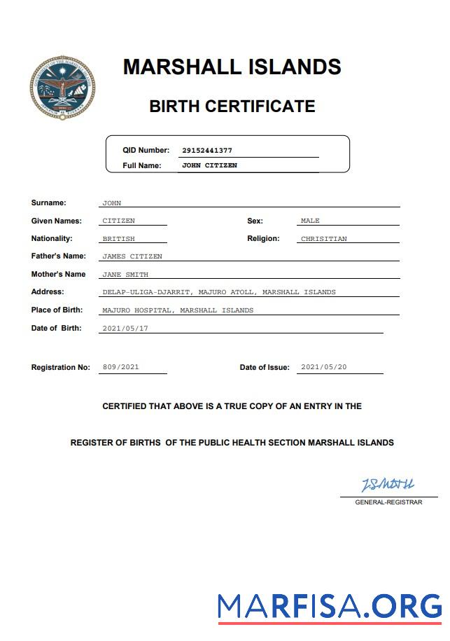 Realistic Marshall Islands vital record birth certificate Word and PDF template